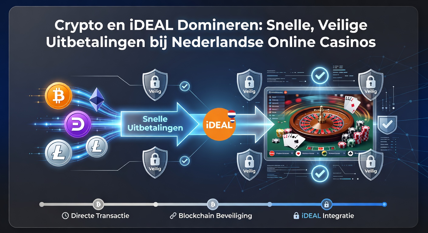 Schermafbeelding van een online casino dashboard met iDEAL en crypto betaalopties, inclusief blockchain icoontjes en klok voor snelle uitbetaling