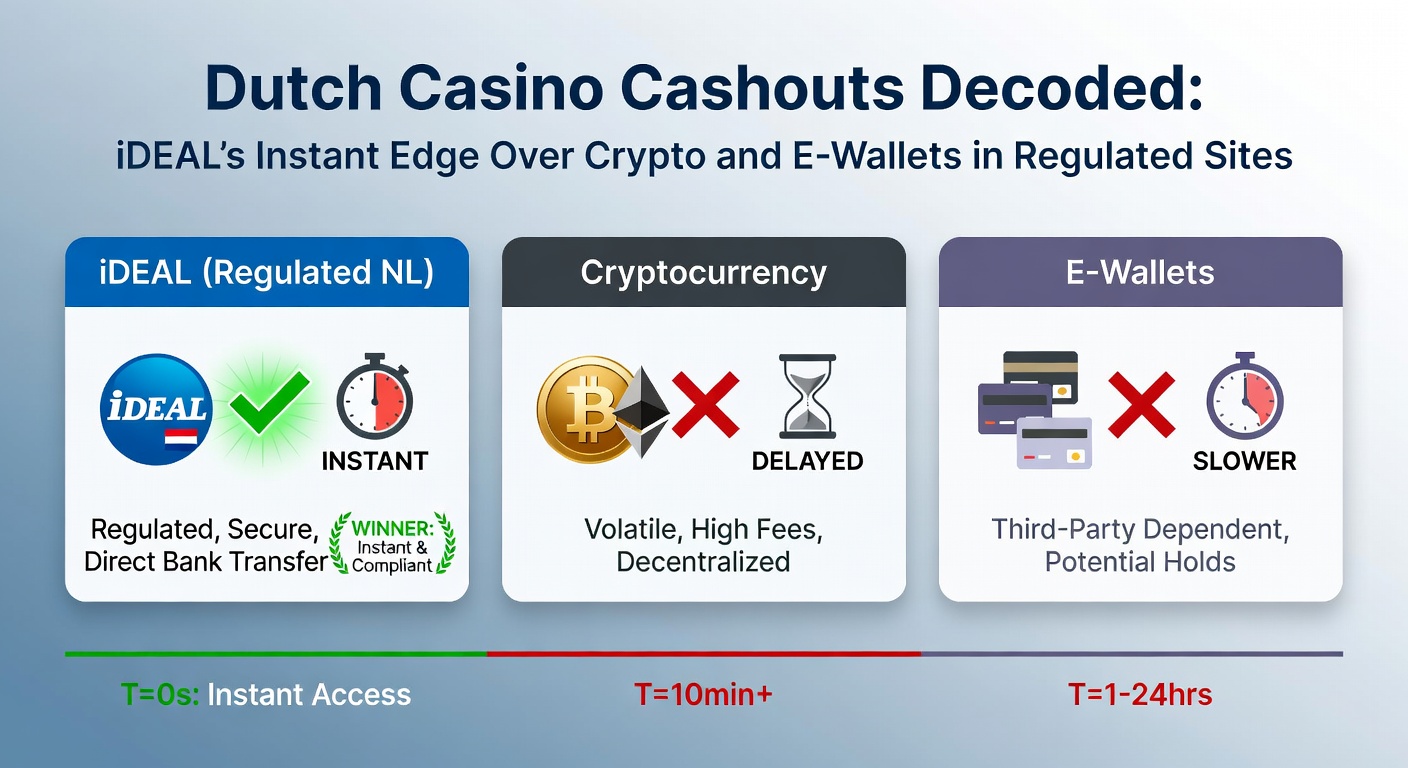 Grafiek die de uitbetalingstijden van iDEAL, crypto en e-wallets vergelijkt bij Nederlandse online casinos, met iDEAL duidelijk als snelste optie