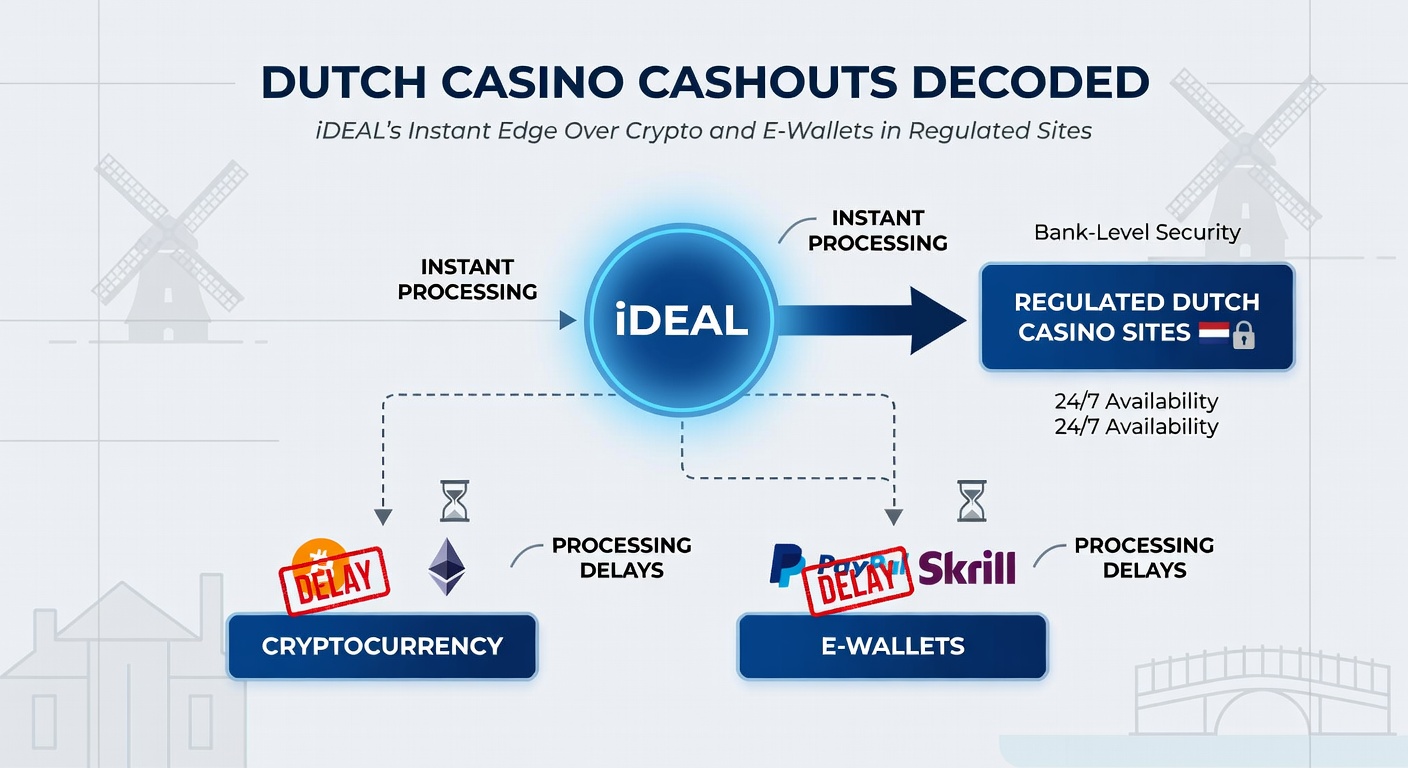 Schermafbeelding van een iDEAL-uitbetaling op een Nederlands casino platform, met klok die instant verwerking aangeeft naast icons van crypto en e-wallets