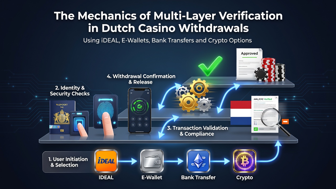 Illustratie van gelaagde verificatiestappen in Nederlandse casino-uitbetalingen met verschillende betaalmethoden
